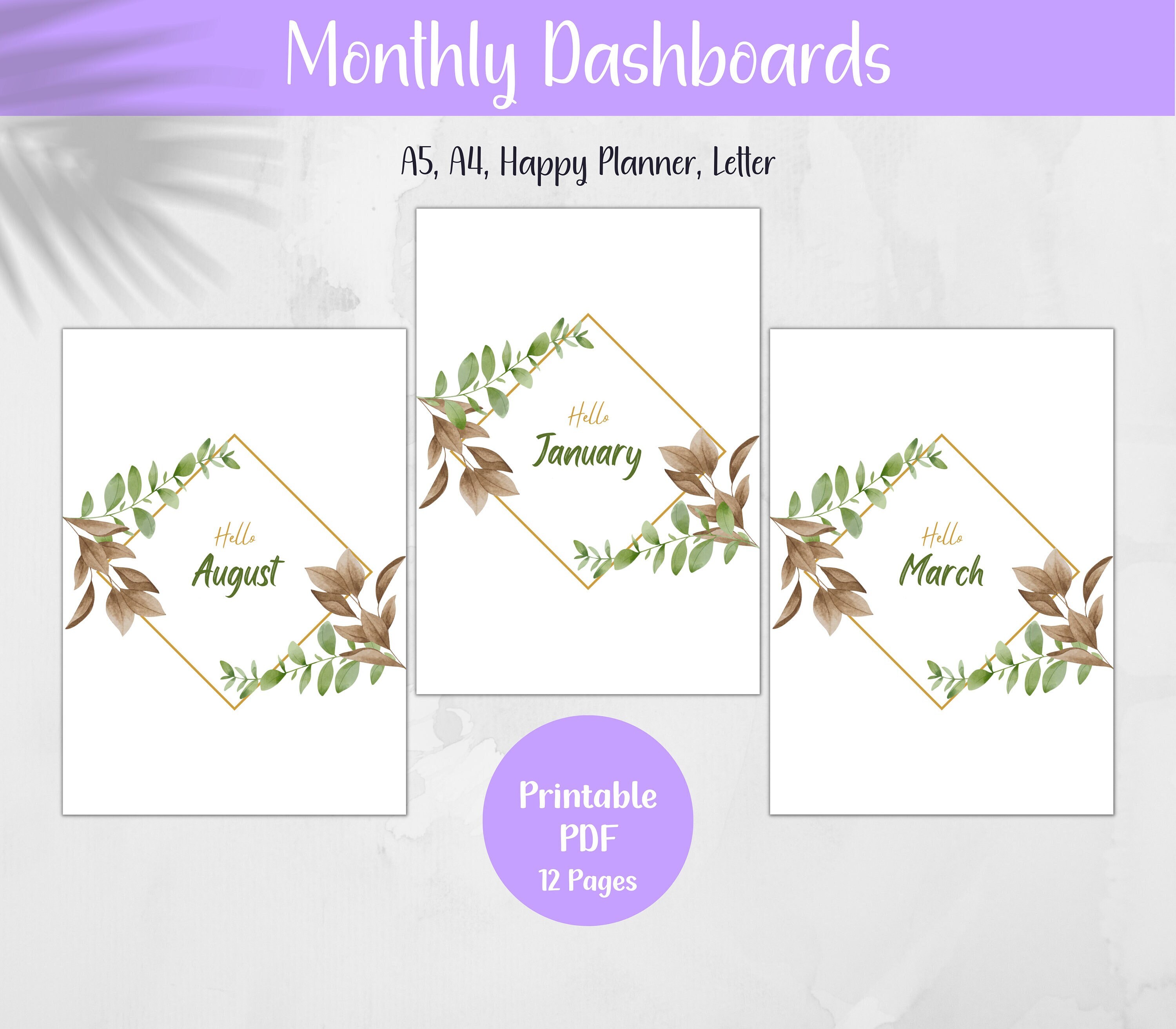 Printable Monthly Planner Dashboards, Monthly Inserts, Cover Page Inserts, Branches Dashboards ...