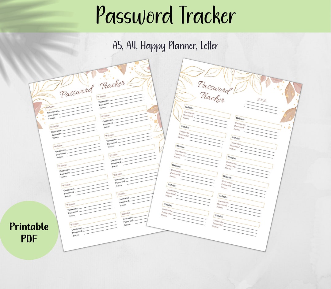 Printable Password Tracker Insert: A5, A4, Letter, Happy Planner (PDF ...