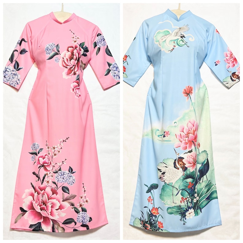 Ao Dai Tet Ao Dai Cach Tan Dài áo 125cm Lua Dày Xanh Hồng - Etsy