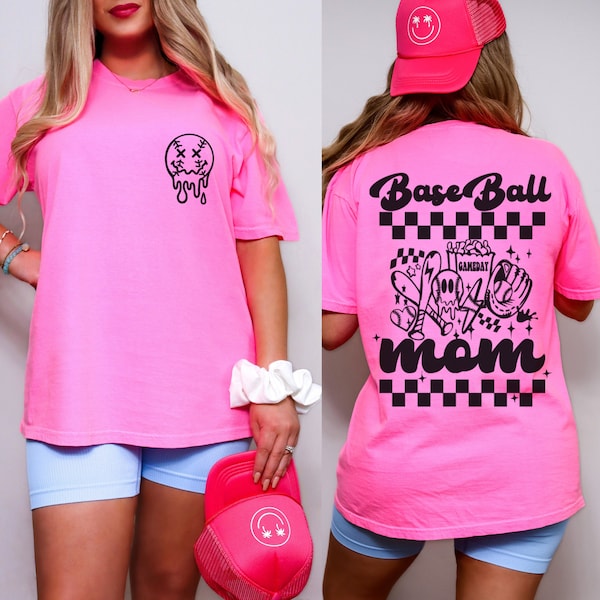 Baseball Mom. Baseball Mom Shirt. Baseball Season. Shirt For Moms. Comfort Colors. Trendy Baseball Tee. Neon Pink. Front And Back Design