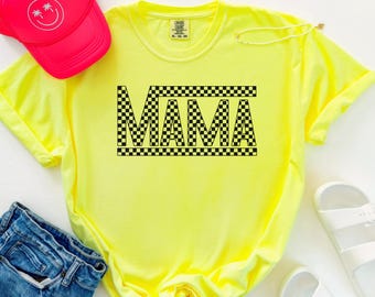 Checkered Mama Tee: Neon Lemon Comfort Colors Shirt