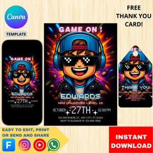 bewerkbare canvassjabloon, Canva bewerkbare roblox-uitnodiging, gamefeest, roblox jongens verjaardagsuitnodiging sjabloon, game verjaardag kinder roblox