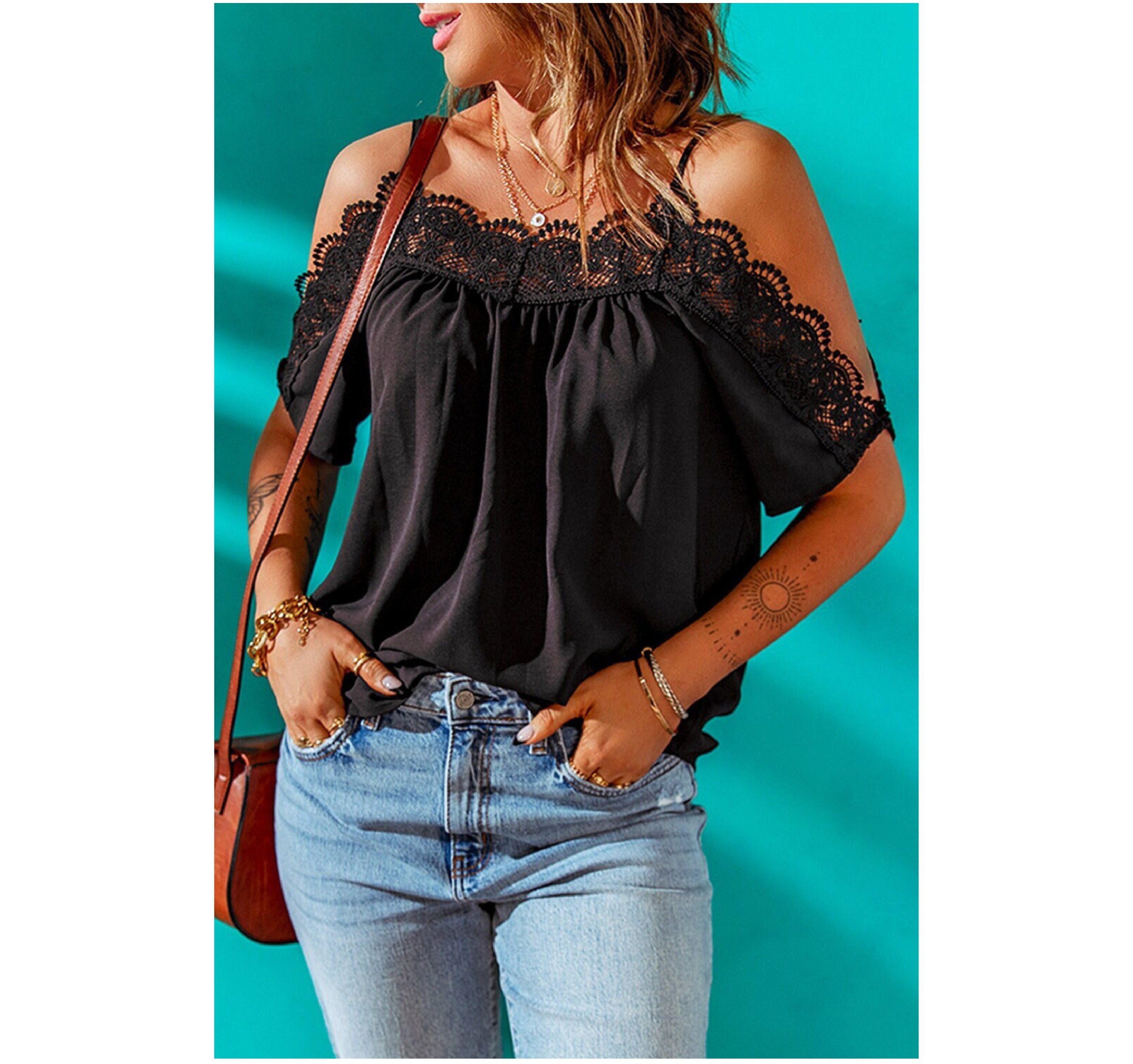 Floral Lace Cold-Shoulder Flounce Sleeve Blouse –