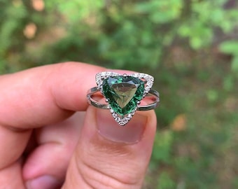 Trillion Green Tourmaline Ring: Sterling Silver Engagement Ring