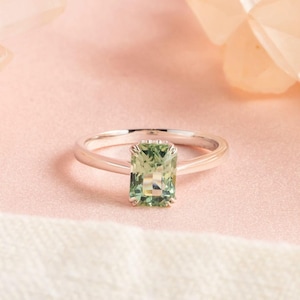 Mint Green Tourmaline Ring: Emerald Cut Sterling Silver Engagement Ring