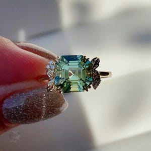 Mint Green Tourmaline Ring: Emerald Cut 925 Sterling Silver Wedding Ring