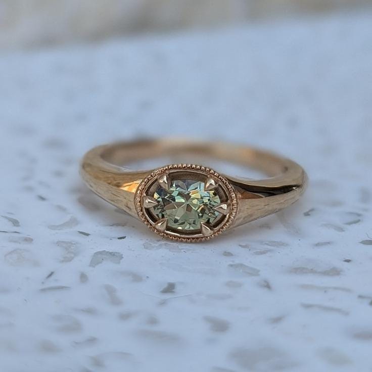 Green Teal Sapphire Ring: Oval Cut Sterling Silver Engagement Ring
