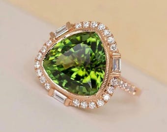 Tourmaline Cocktail Ring: Trillion Green Stone, 925 Sterling Silver