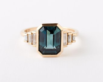 Teal Sapphire Ring: Emerald Cut Sterling Silver Engagement Ring