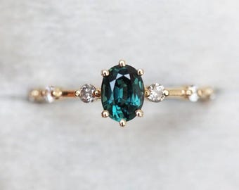 Teal Sapphire Engagement Ring: Sterling Silver Bridal Ring