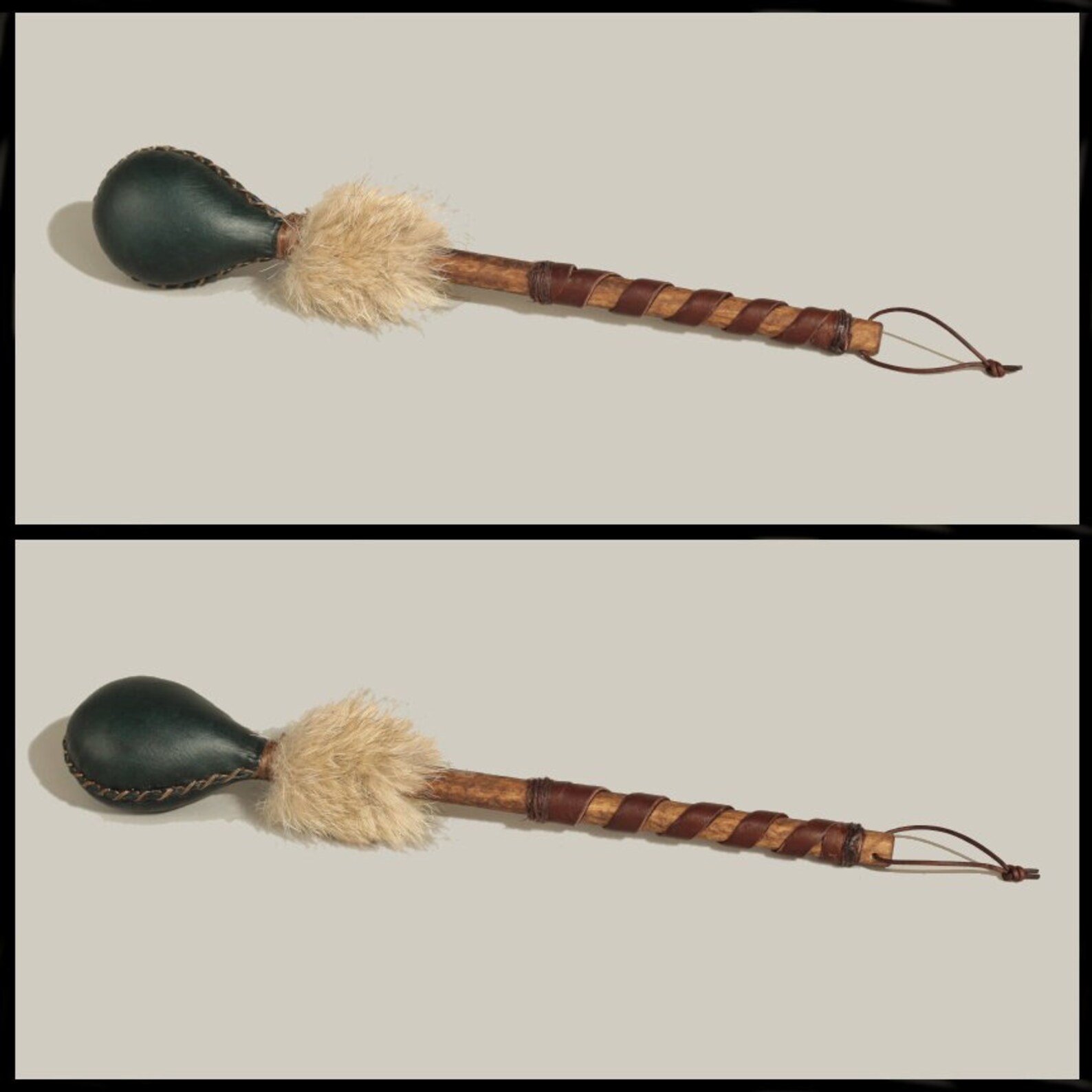 15” Dark Green Elk Hide “teardrop” Rattle, 5.5” X 4.25” Rawhide Head ...