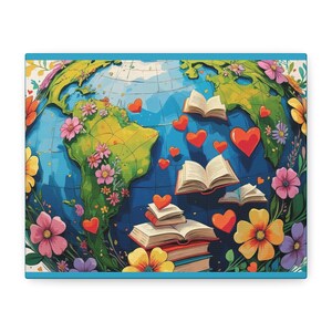 Colorful Book-Themed Canvas Wall Art, Home Decor, Gift for Book Lovers, Library Art, Reading Nook Decor, Colorful World Map Art