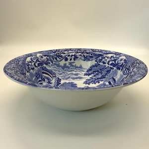 May include: A white and blue ceramic bowl with a detailed landscape design. The bowl has a wide, shallow shape with a blue floral and landscape pattern around the rim and interior. The bowl is likely vintage.