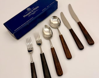 Juego de cubiertos vintage Mappin & Webb – Mango de madera oscura – Estilo moderno de mediados de siglo – 6 piezas con caja original