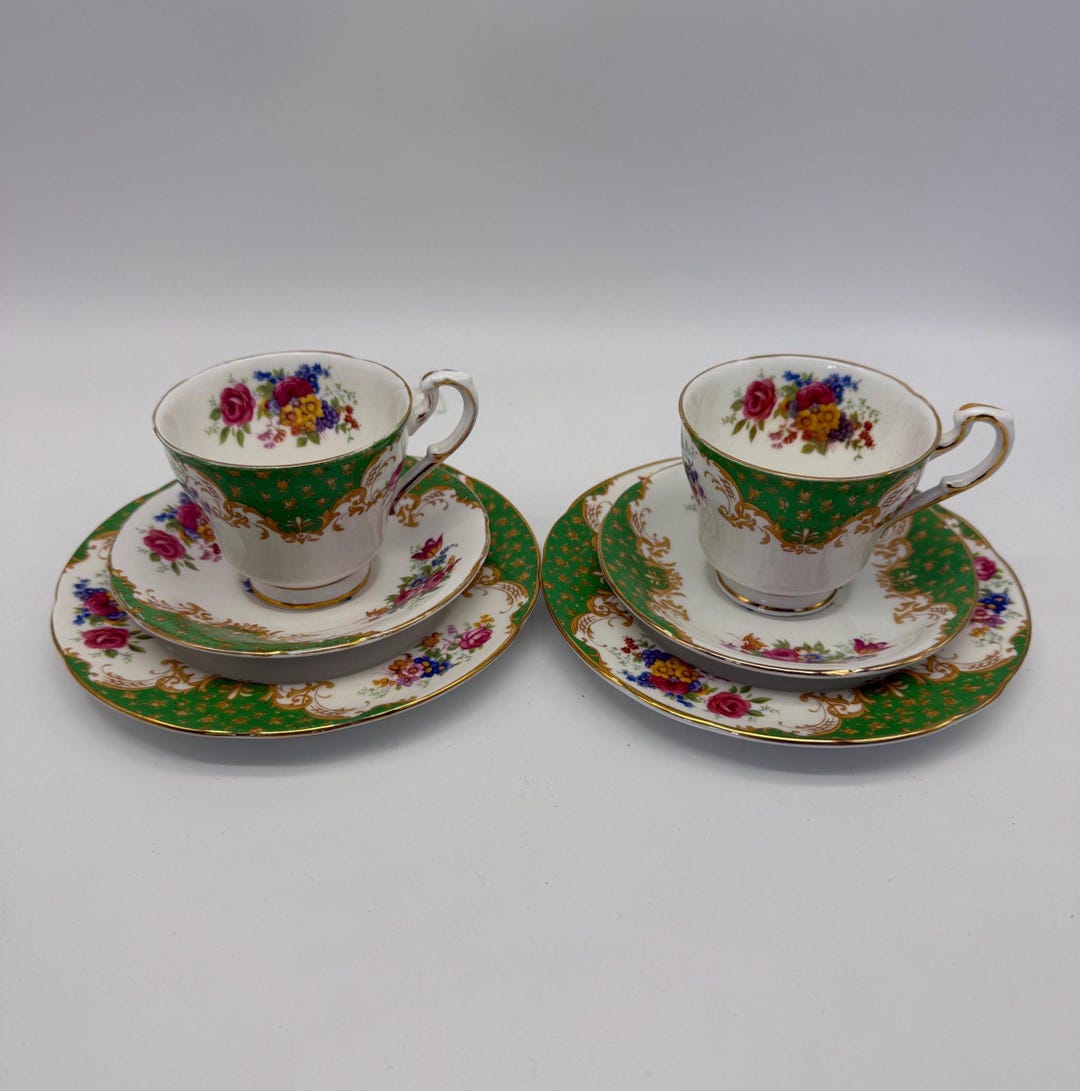Paragon Rockingham Gorgeous Paragon Rockingham Bone China Tea Cup Trio Set X2 – Green Gold ...
