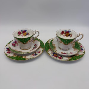 Gorgeous Paragon Rockingham Bone China Tea Cup Trio Set x2 – Green Gold Floral – Vintage English Tea Set – Collectible Afternoon Tea China