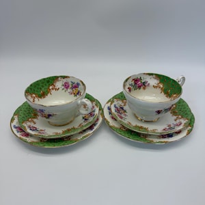 Gorgeous Paragon Rockingham Bone China Tea Cup Trio Set x2 – Green Gold Floral – Vintage English Tea Set – Collectible Afternoon Tea China