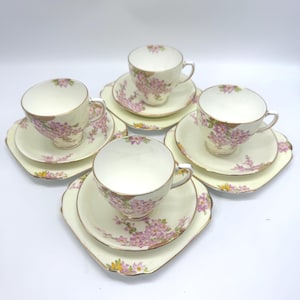 Gorgeous Old Royal Bone China Tea Set - Glorious Devon - Vintage English Teacups & Saucers Trio Set for 4 - Shabby Chic Tea Party Dec