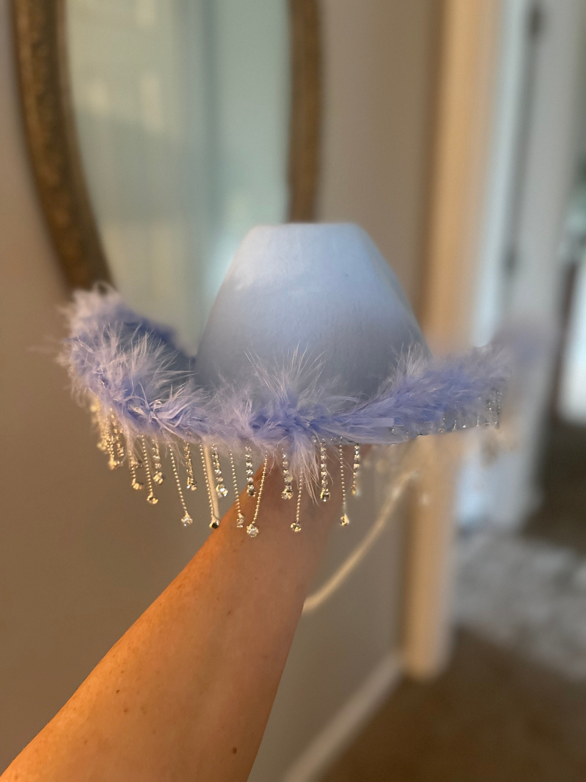 Baby Blue Cowboy Hat With Feathers and Rhinestone Fringe Etsy