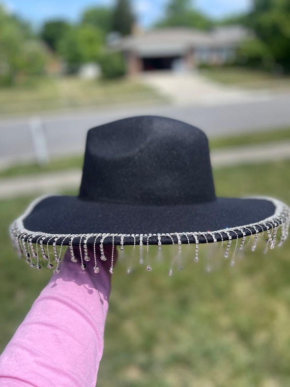 Black Round Style Cowboy Hat With Silver Rhinestone Fringe  display picture 2