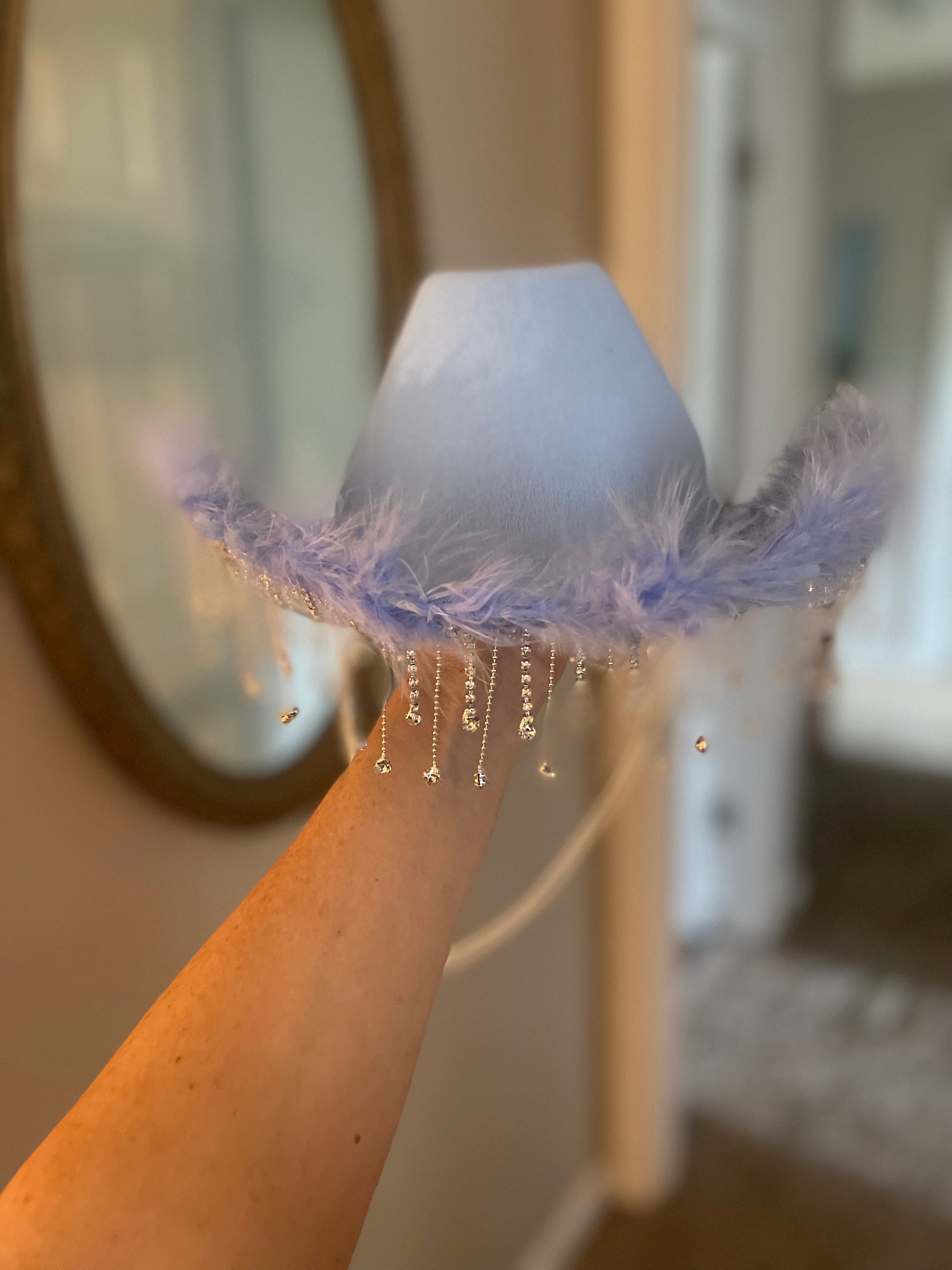 Baby blue rhinestone feather hat kentucky derby hat fascinator royal blue satin with light  main image 4
