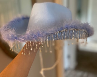Baby Blue Cowboy Hat With Feathers and Rhinestone Fringe - Etsy display picture 3