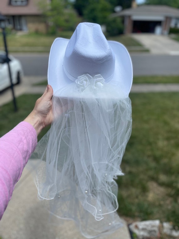 Bride Cowboy Hat With Pearl Veil - Etsy display picture 2