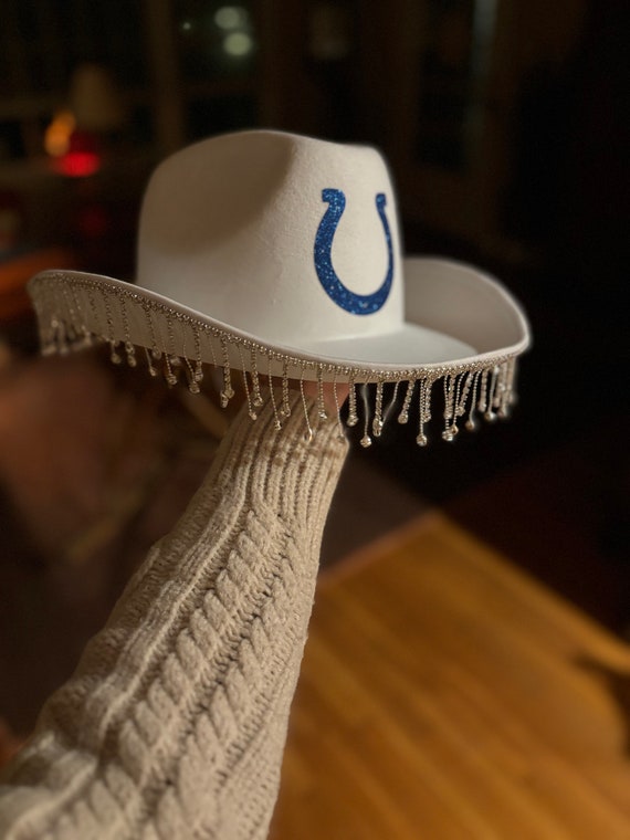 Stylish White and Blue Fringe Hat Blue Rhinestone Fringe Cowboy Hat, Feather Boa Cowgirl Hat  main image 4