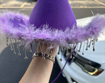 Purple Cowboy Hat w/ feathers and rhinestone fringe