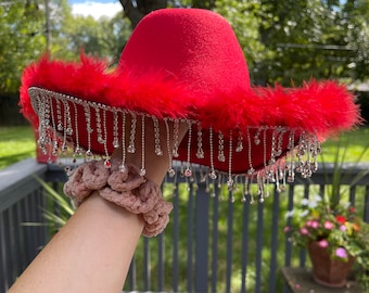Red Cowboy Hat with silver rhinestone fringe