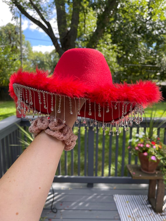 Red Cowboy Hat With Silver Rhinestone Fringe - Etsy display picture 3