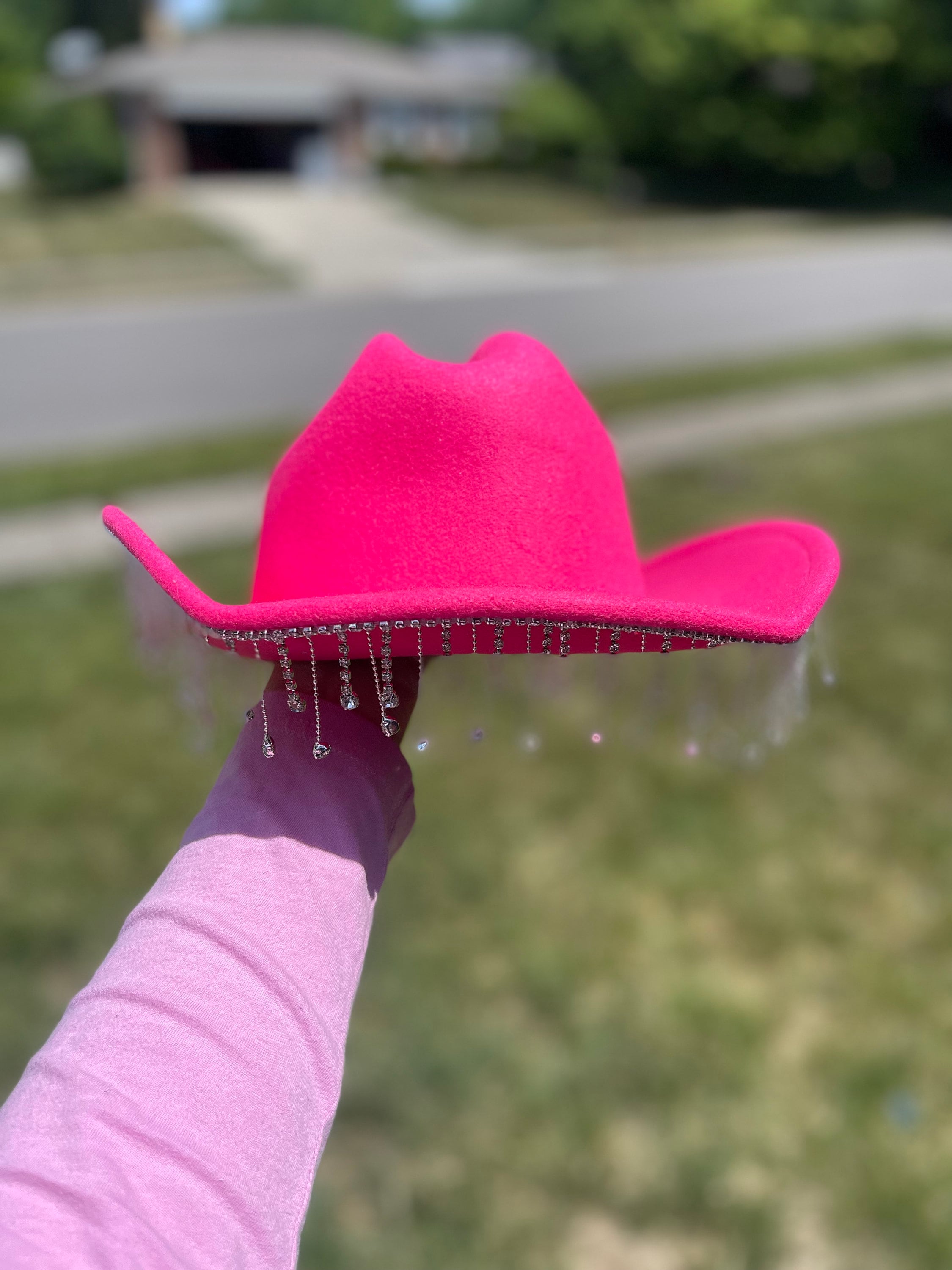 Hot pink cowboy hat with silver rhinestone fringe etsy