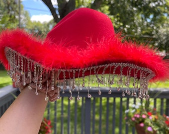 Red Cowboy Hat With Silver Rhinestone Fringe - Etsy display picture 1