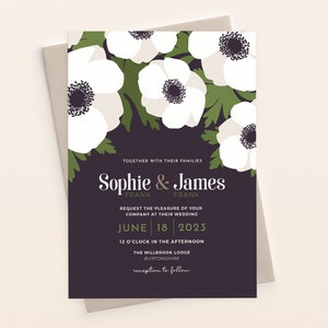 Anemone Flower Digital Floral Wedding Invitation Suite with Printable RSVP, Details Card and Reception Insert - Editable Word Template