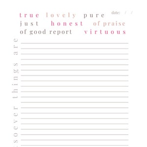 Philipper 4:8 inspirierte digitale Journal Seite - druckbare Bibel Vers Journal Sheet - US Letter Mindfulness Planner - Think on These Things