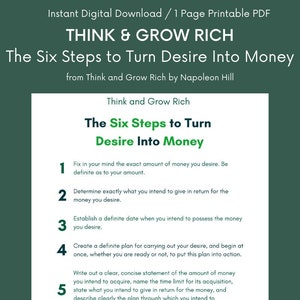Think and Grow Rich | The Six Steps to Turn Desire Into Money | 1 Page Printable PDF | A4 and Letter Size