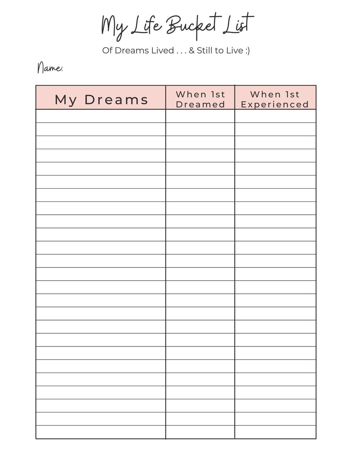 My Life Bucket List Printable PDF, Printable Bucket List, Minimalist
