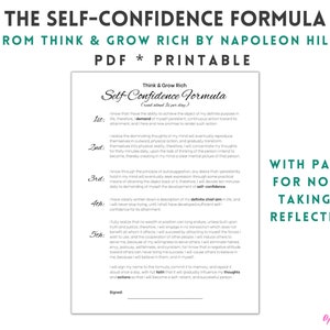 Self-Confidence Formula from Think and Grow Rich by Napoleon Hill - Printable PDF - Letter & A4 Sizes