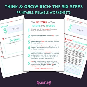 Piense y hágase rico: 6 pasos / Cree su declaración de propósito / Hojas de trabajo imprimibles en PDF / Rellenables / Piense y hágase rico de Napoleon Hill
