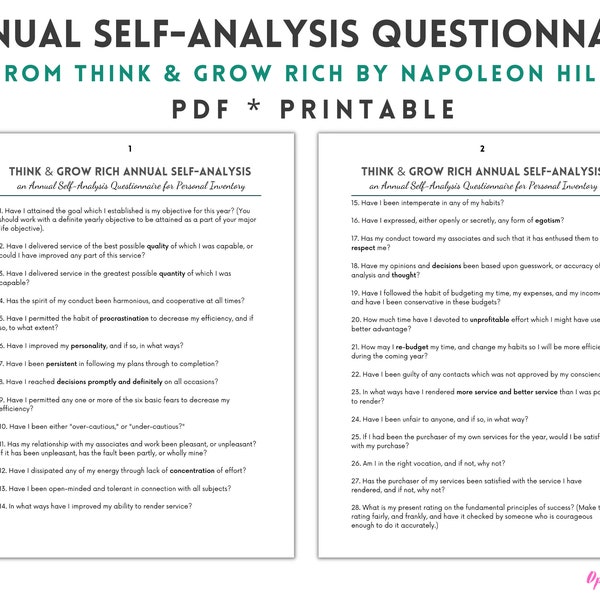 Think and Grow Rich Self-Analysis Questionnaire - Annual Review Journal Prompts - Fillable PDF Printable - Self Reflection - Napoleon Hill