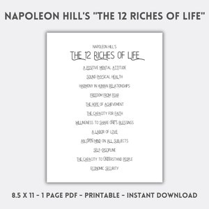 "Las 12 riquezas de la vida" de Napoleón Hill - PDF imprimible - Una página - Tamaño carta de EE. UU. - Enmarque o incluya en el diario