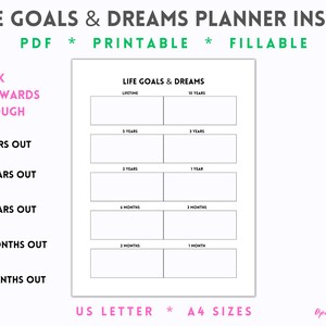 May include: A printable life goals and dreams planner insert with a black and white design. The planner is divided into sections for different time frames, from 10 years out to 1 month out. The text "Work Backwards Through Time" is written in pink on the left side of the page.