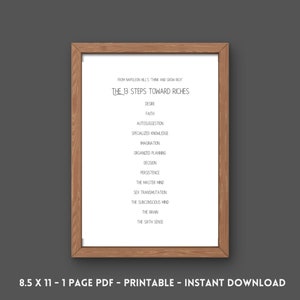 13 Steps Toward Riches From Think and Grow Rich by Napoleon Hill - PDF Printable - One Page - US Letter Size - Frame or Journal Insert