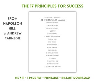 Napoleon Hill & Andrew Carnegie - The 17 Principles of Success - PDF Printable - One Page - US Letter Size - Frame or Include in Journal