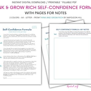 Think and Grow Rich Self-Confidence Formula With Notes Pages - Fillable Printable PDF - Napoleon Hill - Daily Affirmations - Personal Growth