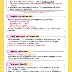 May include: A yellow graphic with text about shipping, returns, and tariffs. Information includes shipping times, address corrections, and return policies. The text is in a purple and white font.