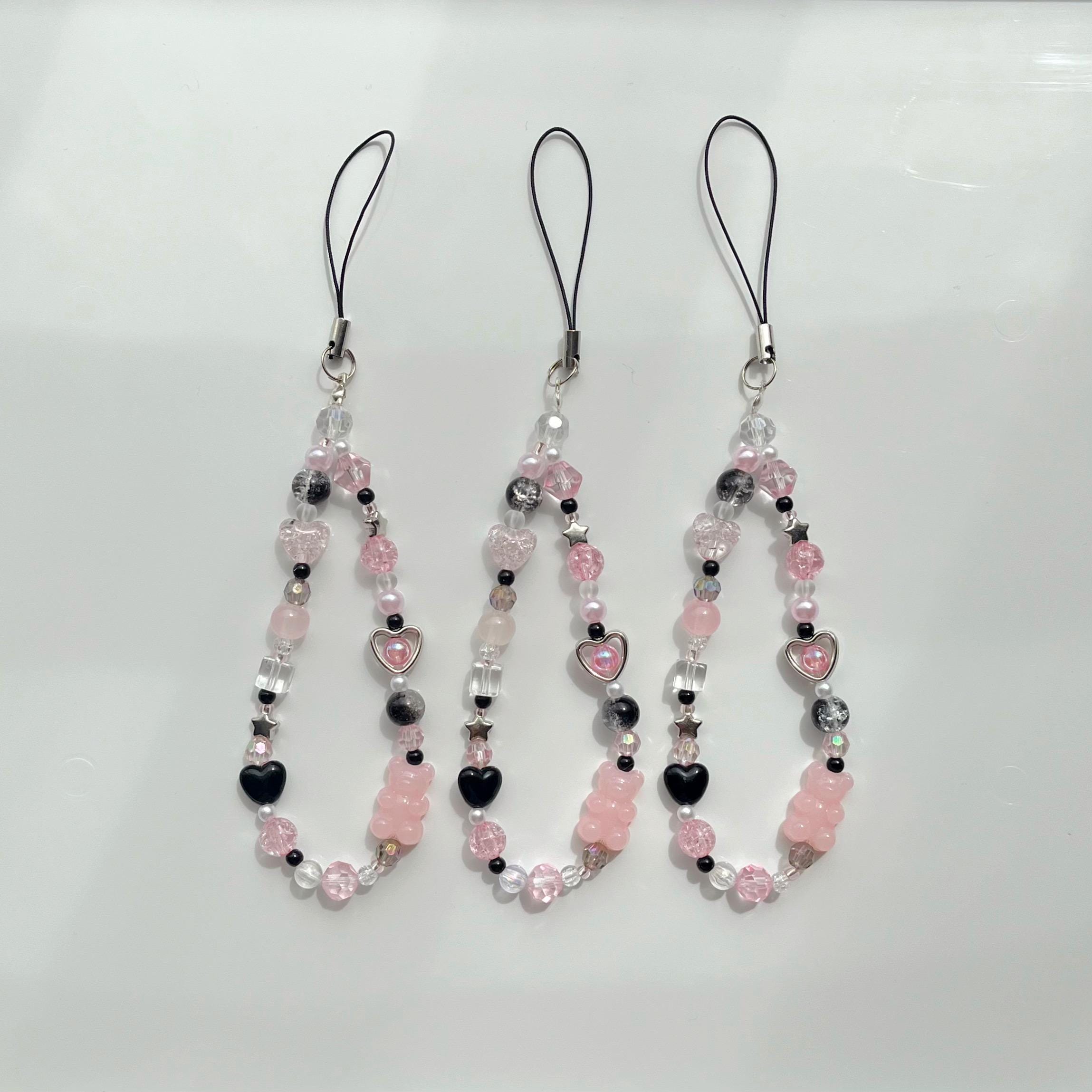 Pink and Black Phone Charm / Y2K Beaded AirPod Strap / Coquette ...