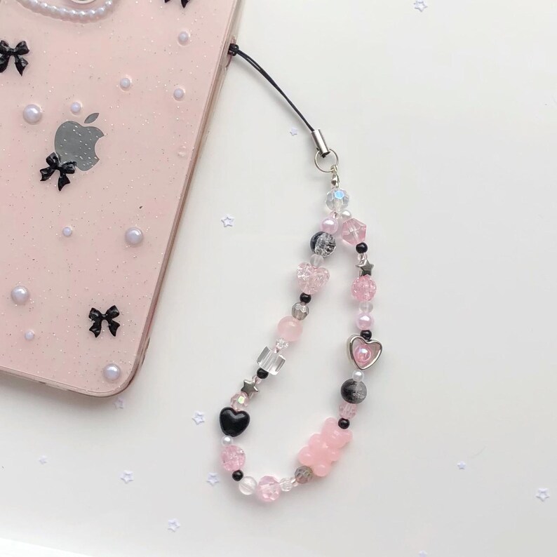 Pink and Black Phone Charm / Y2K Beaded AirPod Strap / Coquette ...