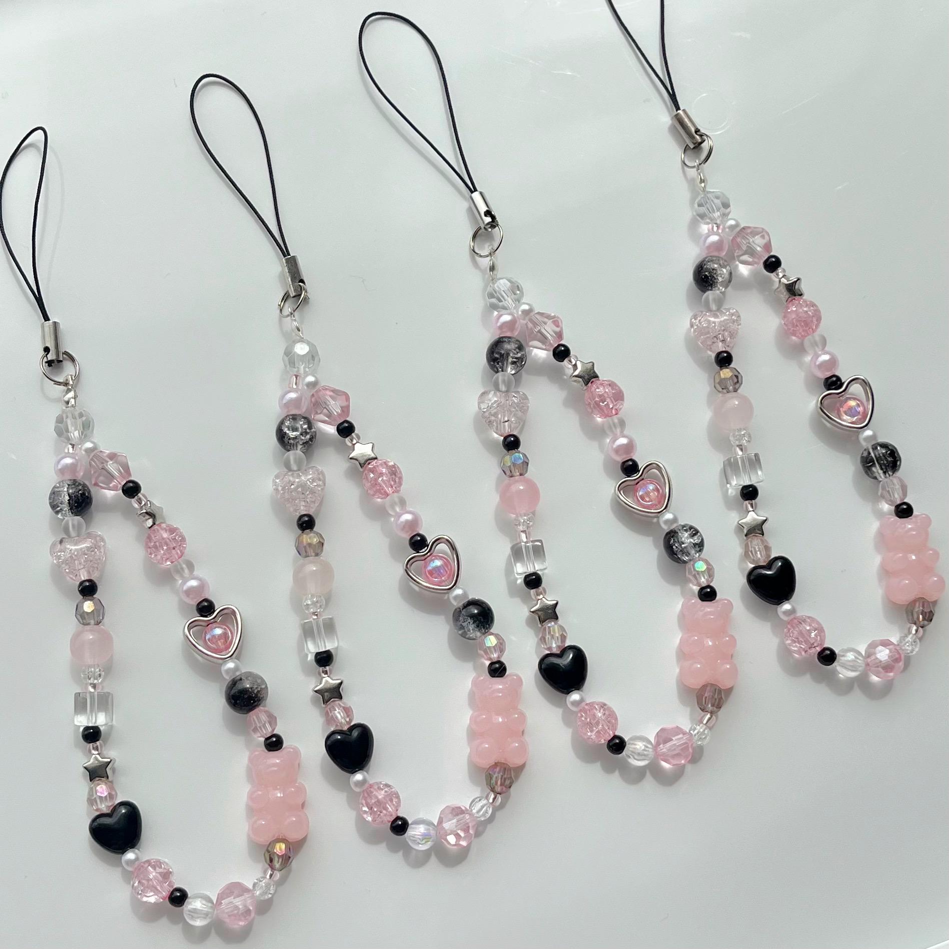 Pink and Black Phone Charm / Y2K Beaded AirPod Strap / Coquette ...