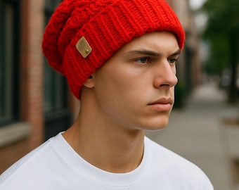 Red Crochet Beanie – Handmade Unisex Winter Hat, Slouchy Style